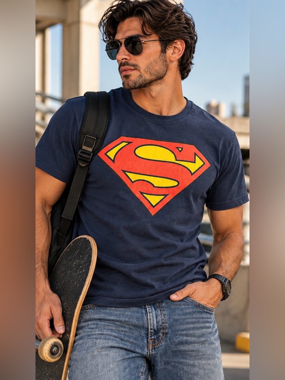 DC Navy Short-Sleeve Tee with Red & Yellow Superman Shield size M